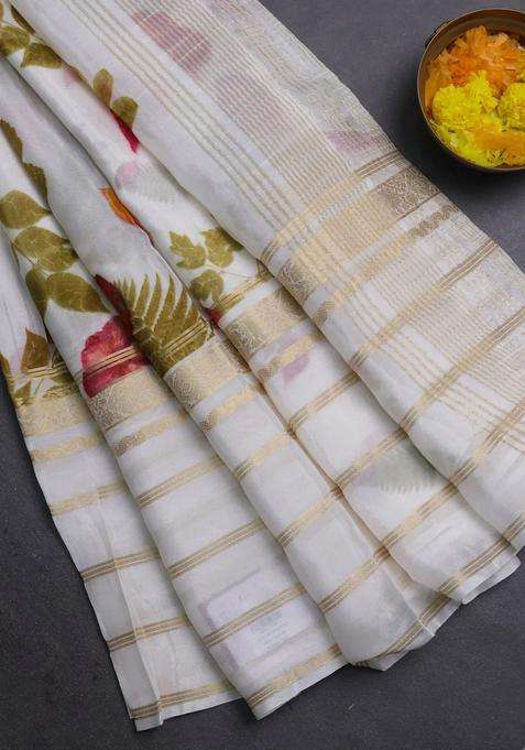 Semi Georgette Saree Off White With Allover Floral Prints And Long Zari Woven Border With Printed Design For Women