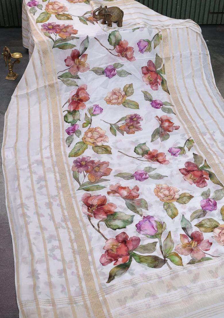 Semi Georgette Saree Off White With Allover Floral Prints And Long Zari Woven Border With Printed Design For Women - Indya