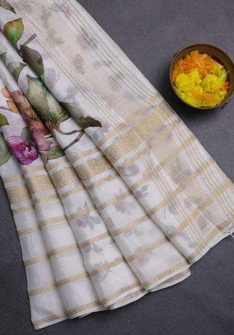 Semi Georgette Saree Off White With Allover Floral Prints And Long Zari Woven Border With Printed Design For Women