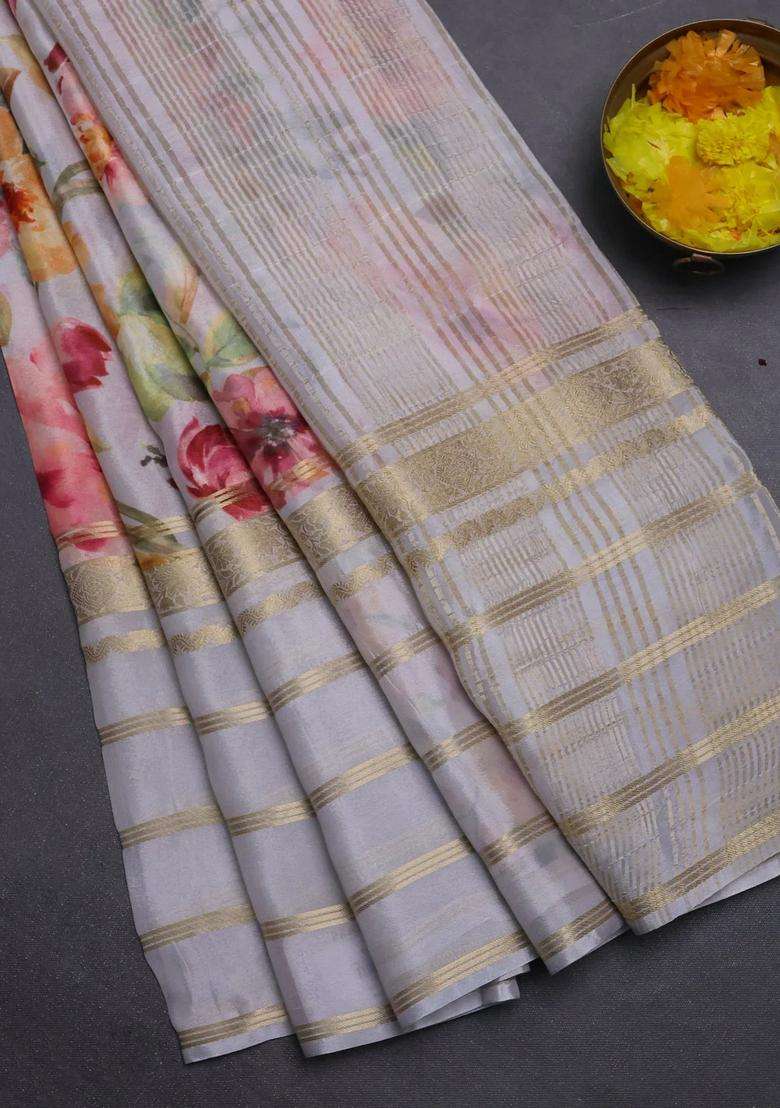 Semi Georgette Saree Pastel Grey With Allover Floral Prints And Long Zari Woven Border With Printed Design For Women - Indya