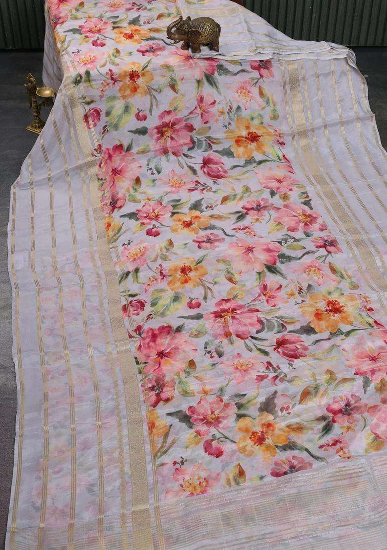 Semi Georgette Saree Pastel Grey With Allover Floral Prints And Long Zari Woven Border With Printed Design For Women - Indya