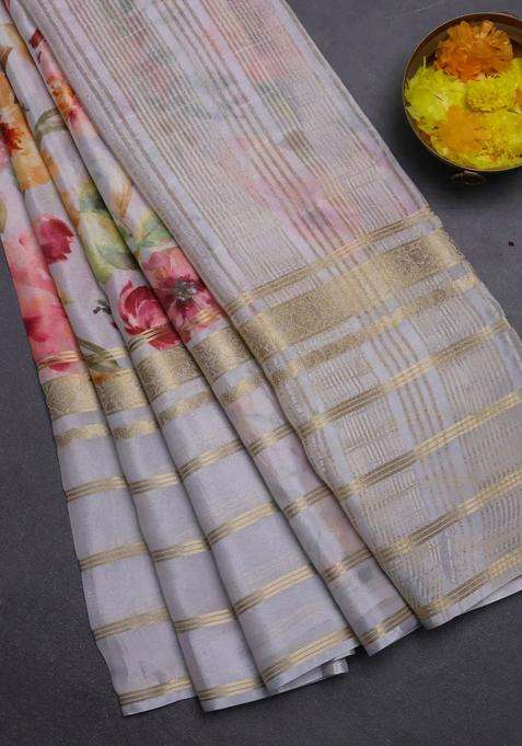 Semi Georgette Saree Pastel Grey With Allover Floral Prints And Long Zari Woven Border With Printed Design For Women