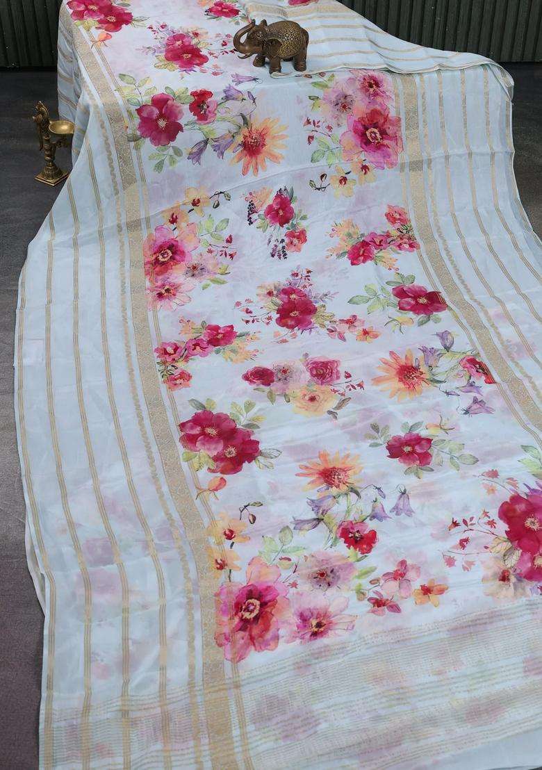 Semi Georgette Saree Teal Blue With Allover Floral Prints And Long Zari Woven Border With Printed Design For Women - Indya