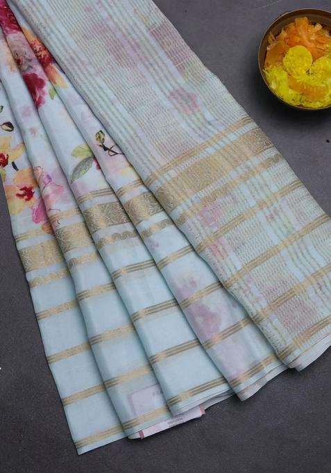 Semi Georgette Saree Teal Blue With Allover Floral Prints And Long Zari Woven Border With Printed Design For Women