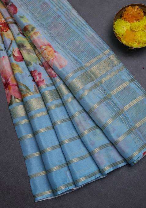 Semi Georgette Saree Pastel Blue With Allover Floral Prints And Long Zari Woven Border With Printed Design For Women