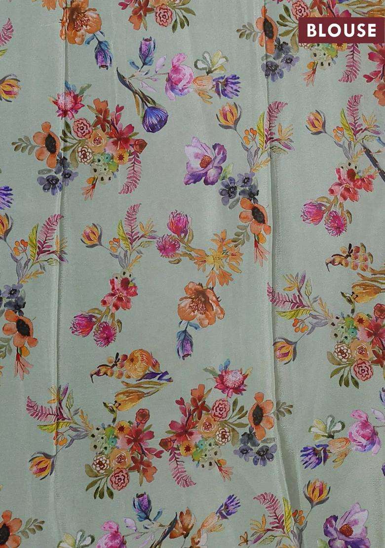 Semi Georgette Saree Pastel Green With Allover Floral Prints And Long Zari Woven Border With Printed Design For Women - Indya