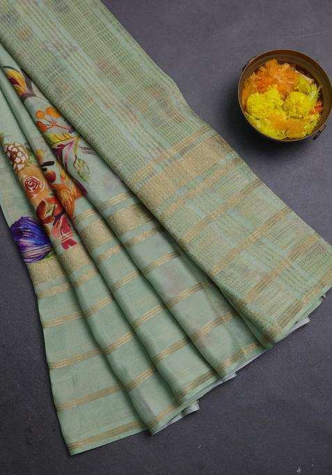Semi Georgette Saree Pastel Green With Allover Floral Prints And Long Zari Woven Border With Printed Design For Women