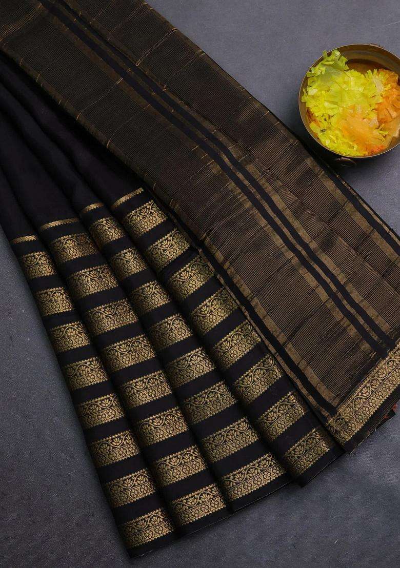 Semi Mysore Silk Saree Black And Orange With Plain Body And Long Zari Woven Border With Traditional Woven Design For Women - Indya