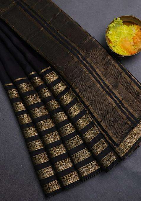 Semi Mysore Silk Saree Black And Orange With Plain Body And Long Zari Woven Border With Traditional Woven Design For Women