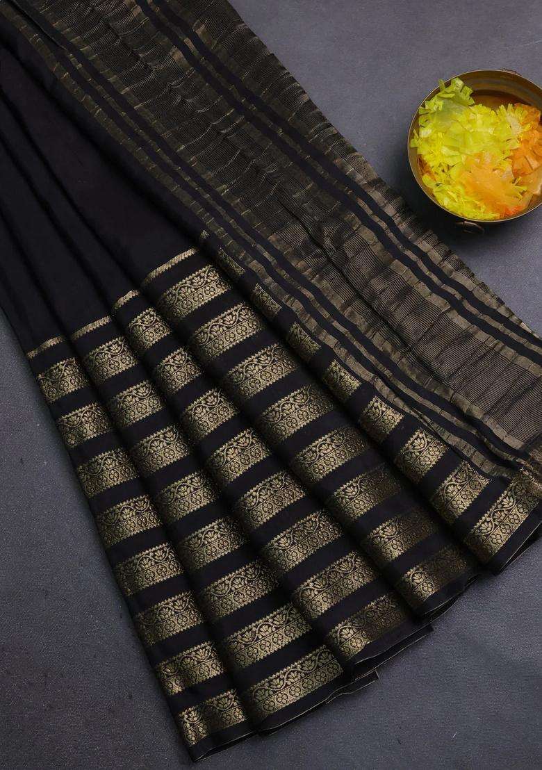 Semi Mysore Silk Saree Black And Orange With Plain Body And Long Zari Woven Border With Traditional Woven Design For Women - Indya
