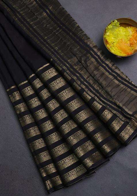 Semi Mysore Silk Saree Black And Orange With Plain Body And Long Zari Woven Border With Traditional Woven Design For Women