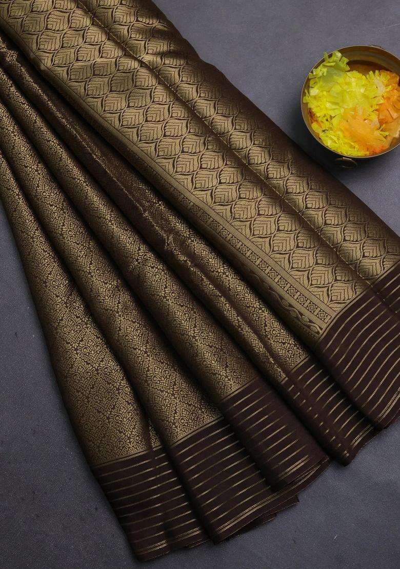 Semi Mysore Silk Saree Brown And Yellow With Allover Zari Woven Brocade Weaves And Zari Woven Border With Buttas And Brocade Design For Women - Indya