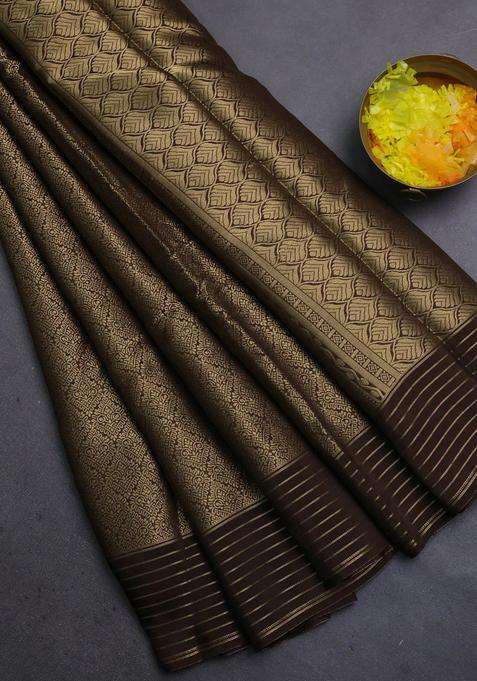 Semi Mysore Silk Saree Brown And Yellow With Allover Zari Woven Brocade Weaves And Zari Woven Border With Buttas And Brocade Design For Women