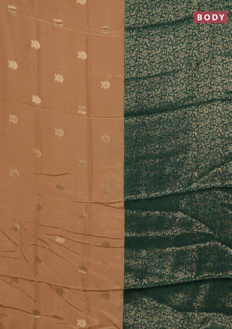 Semi Mysore Silk Saree Sandal And Green With Half Half Style And Long Zari Woven Border With Traditional Woven Design For Women - Indya