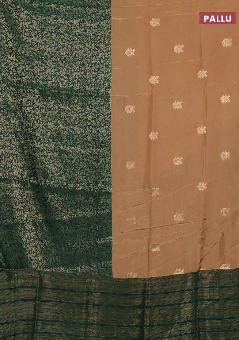 Semi Mysore Silk Saree Sandal And Green With Half Half Style And Long Zari Woven Border With Traditional Woven Design For Women - Indya
