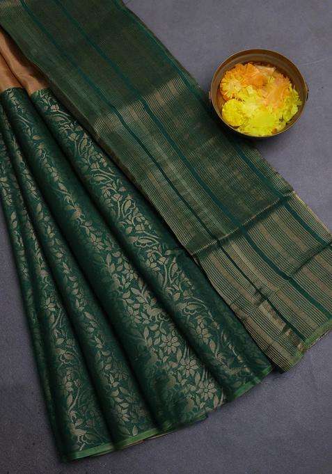 Semi Mysore Silk Saree Sandal And Green With Half Half Style And Long Zari Woven Border With Traditional Woven Design For Women