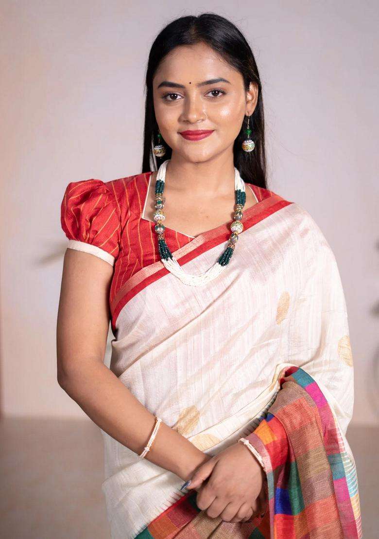 Chappa Bhagalpuri Net Saree Cream And Red With Geometric Butta Prints And Long Printed Border For Women - Indya