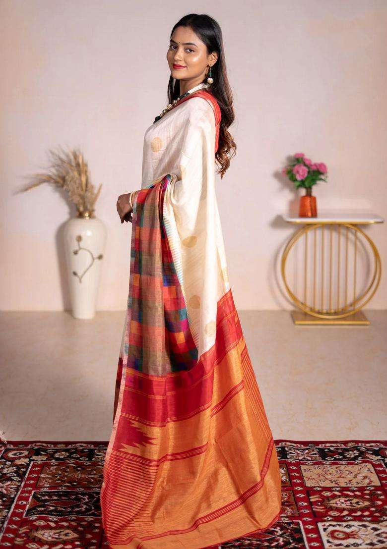 Chappa Bhagalpuri Net Saree Cream And Red With Geometric Butta Prints And Long Printed Border For Women - Indya