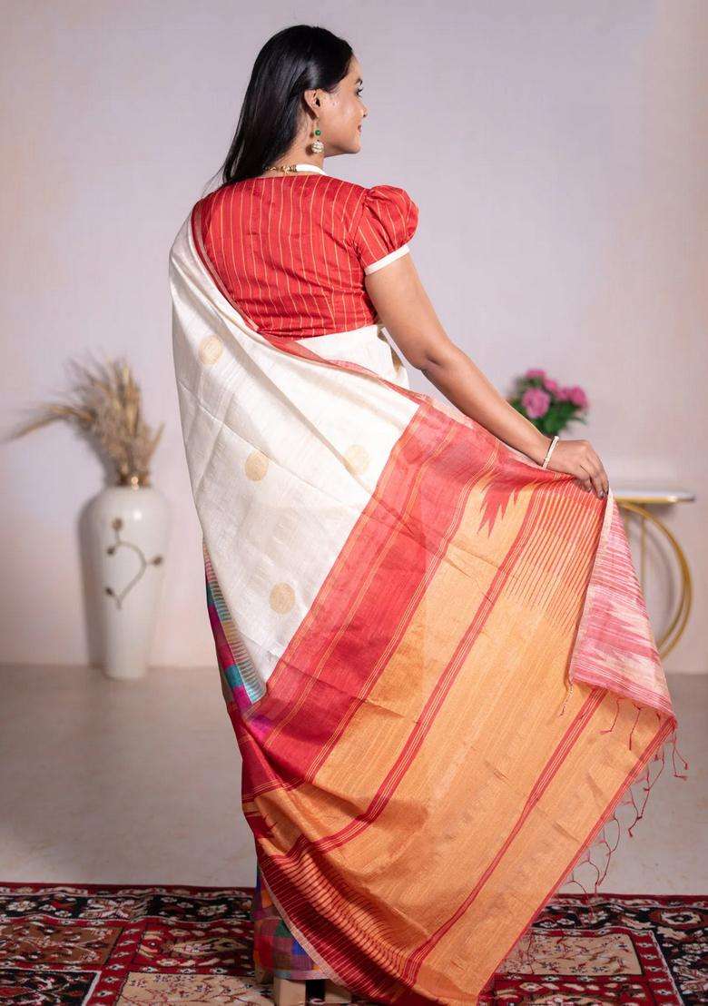 Chappa Bhagalpuri Net Saree Cream And Red With Geometric Butta Prints And Long Printed Border For Women - Indya