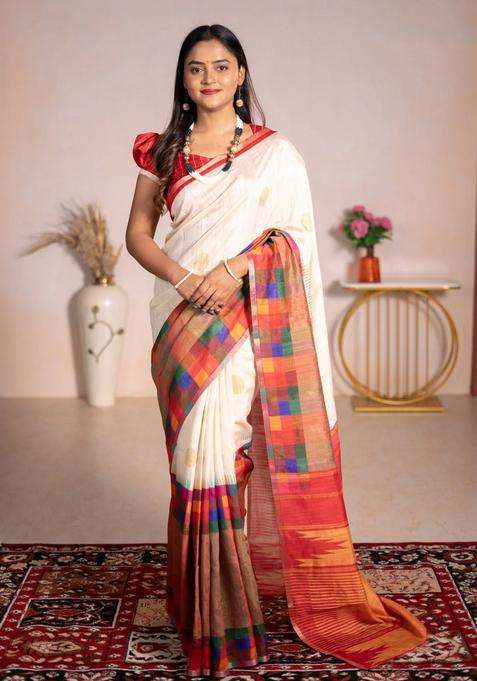 Chappa Bhagalpuri Net Saree Cream And Red With Geometric Butta Prints And Long Printed Border For Women