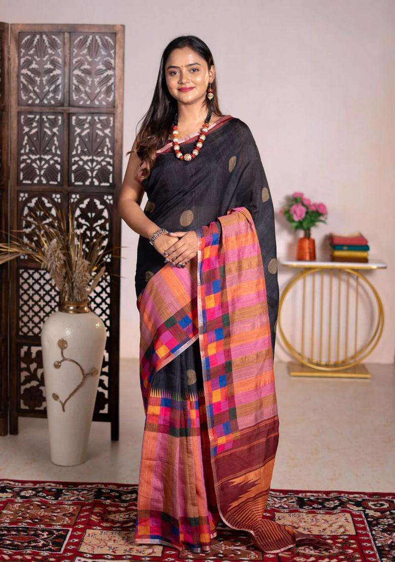 Chappa Bhagalpuri Net Saree Black And Maroon With Geometric Butta Prints And Long Printed Border For Women - Indya