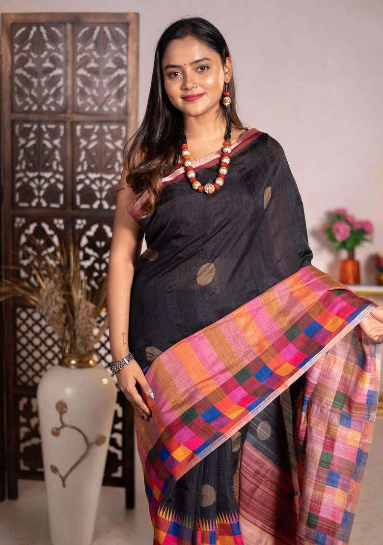 Chappa Bhagalpuri Net Saree Black And Maroon With Geometric Butta Prints And Long Printed Border For Women - Indya