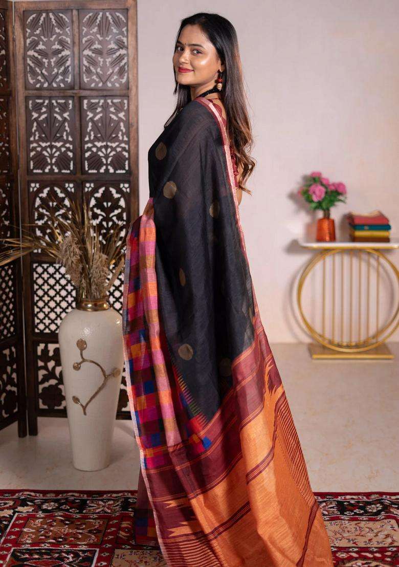 Chappa Bhagalpuri Net Saree Black And Maroon With Geometric Butta Prints And Long Printed Border For Women - Indya