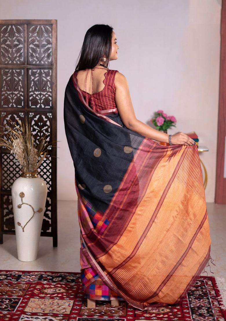 Chappa Bhagalpuri Net Saree Black And Maroon With Geometric Butta Prints And Long Printed Border For Women - Indya