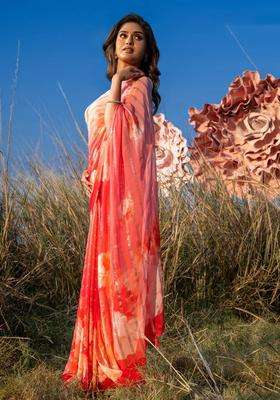 Georgette Saree Peach Pink And Pink With Allover Floral Digital Prints Gold Stone Work With Printed Design For Women