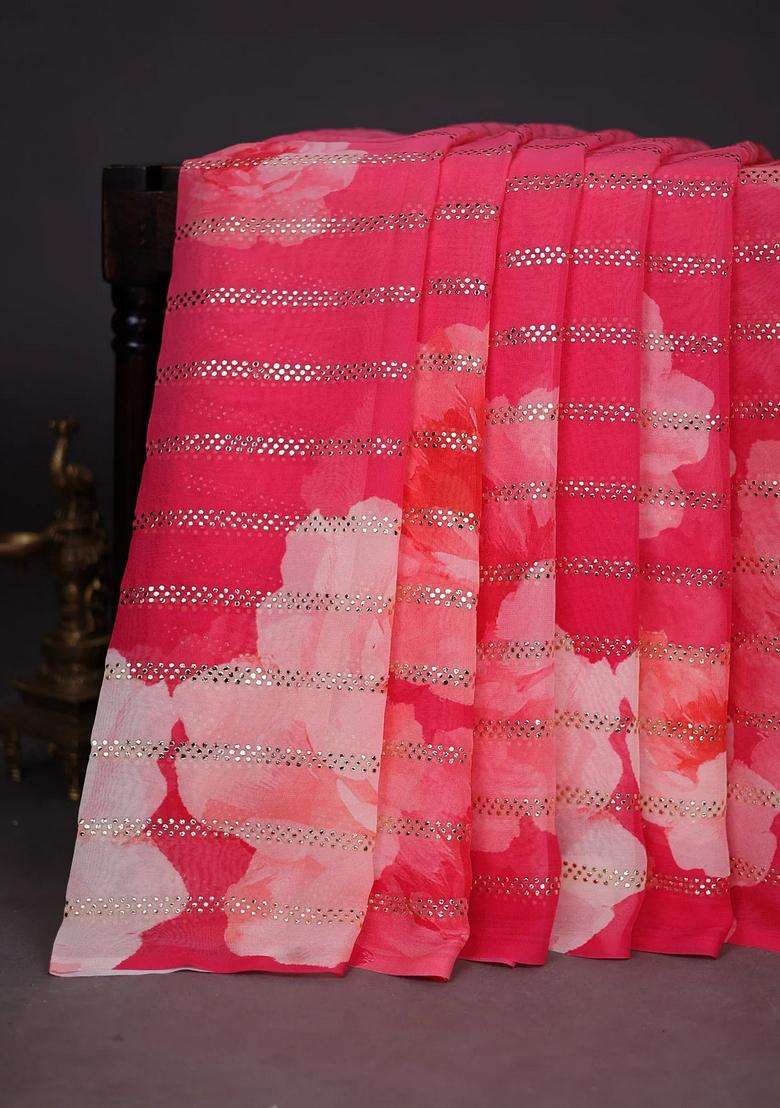 Georgette Saree Peach Pink And Pink With Allover Floral Digital Prints Gold Stone Work With Printed Design For Women - Indya