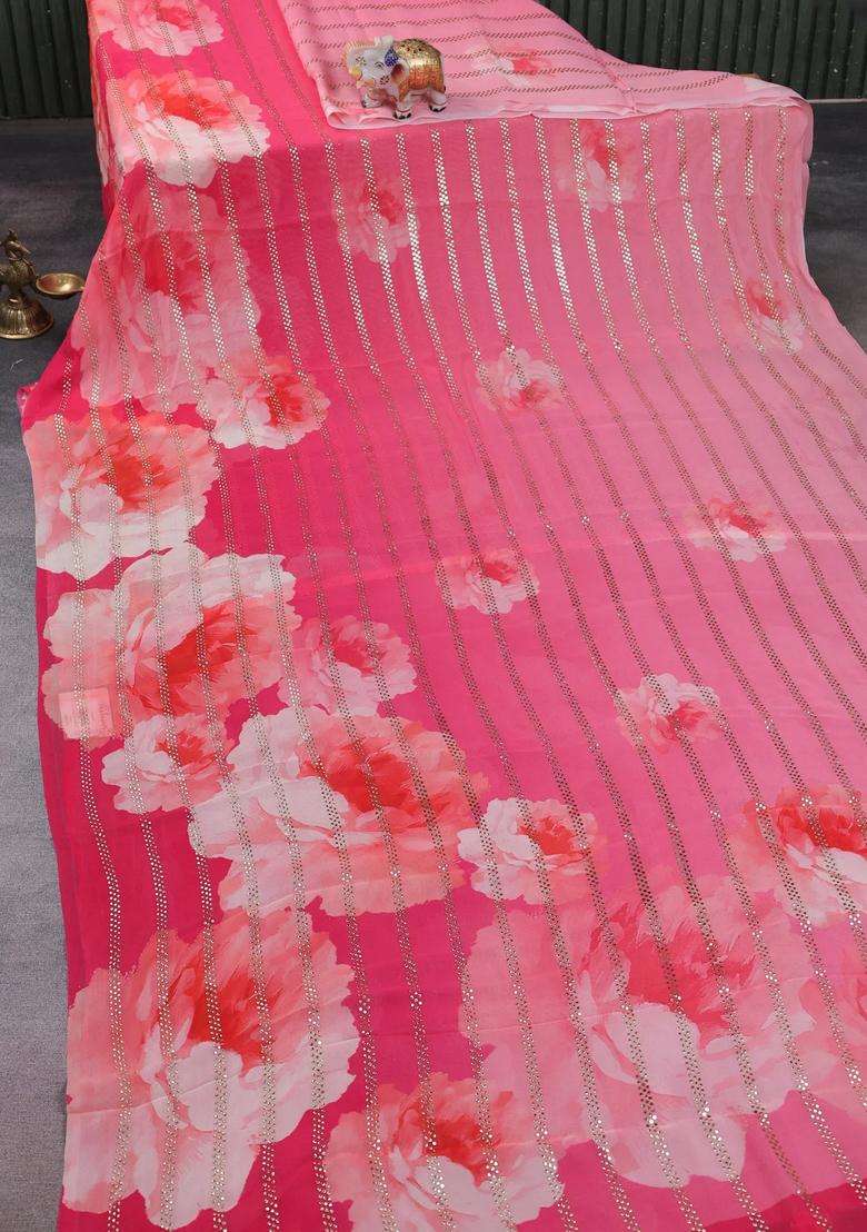 Georgette Saree Peach Pink And Pink With Allover Floral Digital Prints Gold Stone Work With Printed Design For Women - Indya