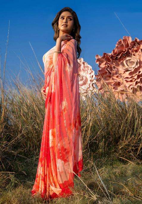 Georgette Saree Peach Pink And Pink With Allover Floral Digital Prints Gold Stone Work With Printed Design For Women