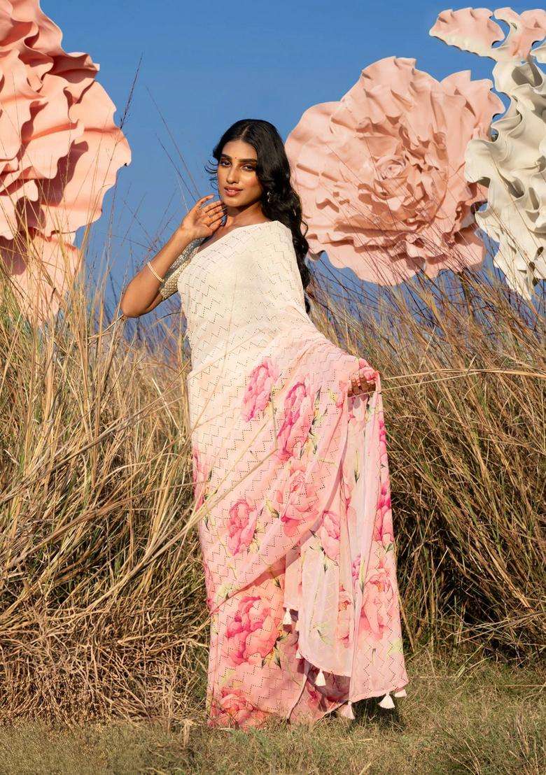 Georgette Saree Pale Orange And Mild Peach Pink With Allover Floral Digital Prints Gold Stone Work With Printed Design For Women - Indya