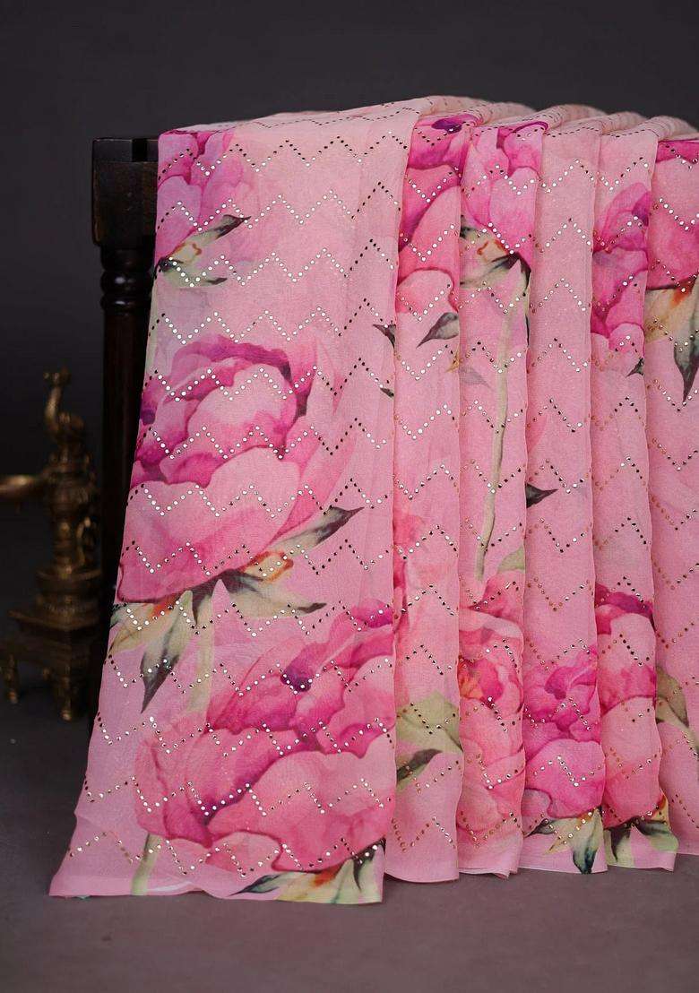 Georgette Saree Pale Orange And Mild Peach Pink With Allover Floral Digital Prints Gold Stone Work With Printed Design For Women - Indya