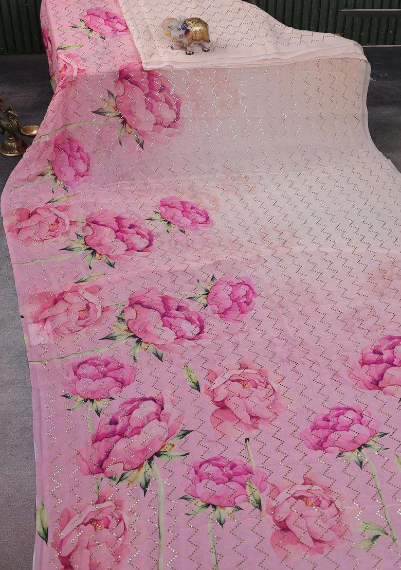 Georgette Saree Pale Orange And Mild Peach Pink With Allover Floral Digital Prints Gold Stone Work With Printed Design For Women - Indya