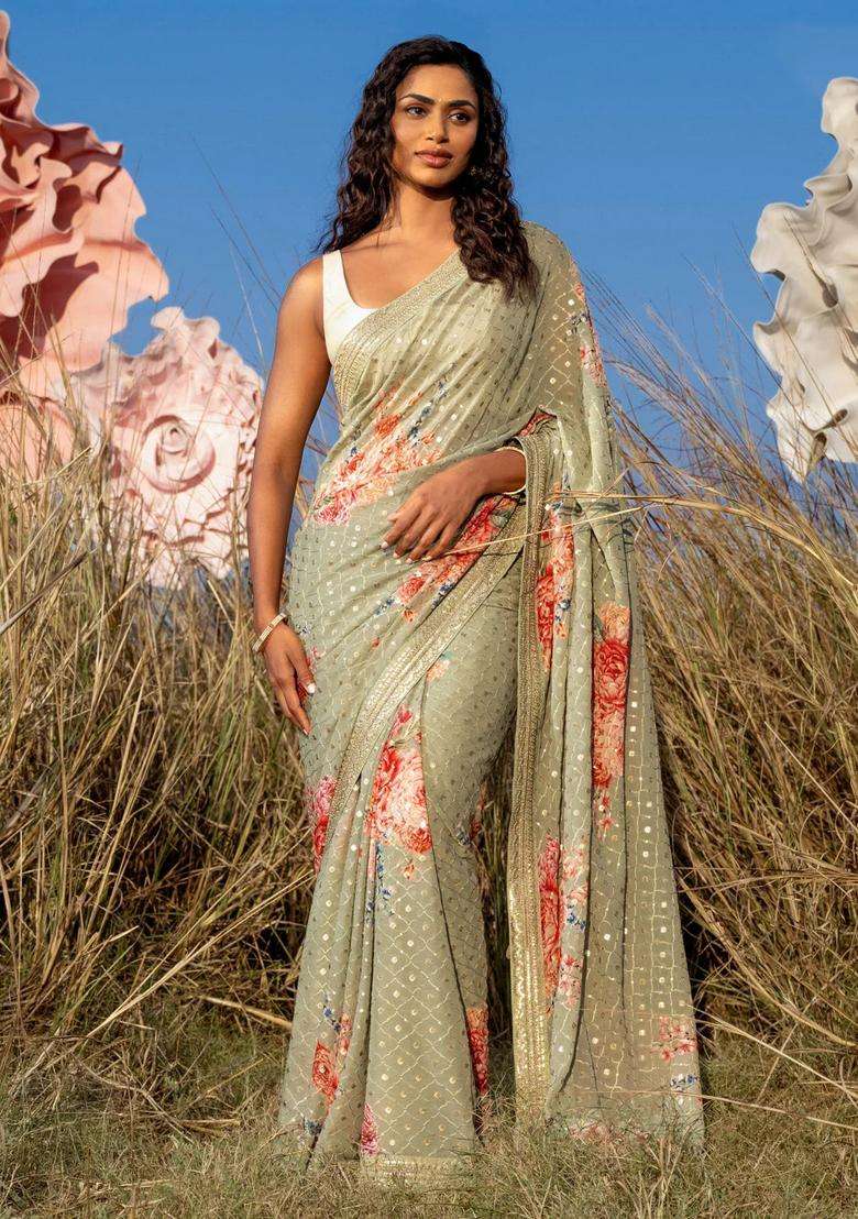 Georgette Saree Pastel Green With Allover Sequin Work Floral Digital Prints And Sequin Work Border With Embroidered Design For Women - Indya