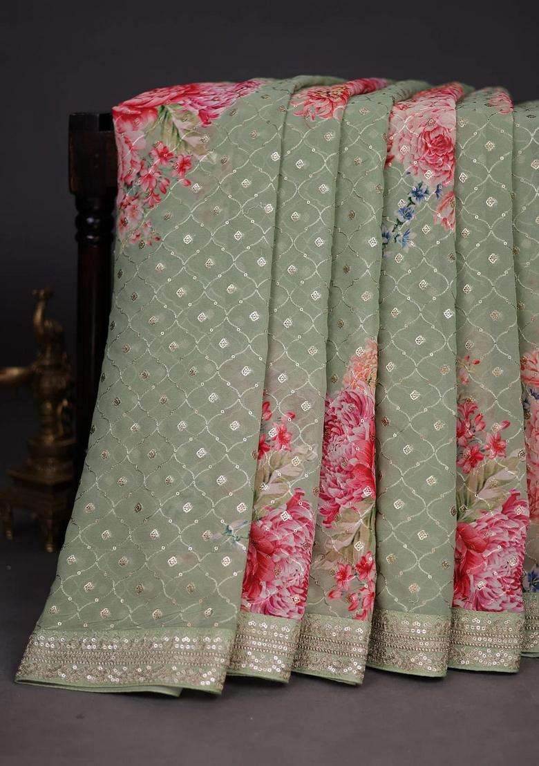 Georgette Saree Pastel Green With Allover Sequin Work Floral Digital Prints And Sequin Work Border With Embroidered Design For Women - Indya