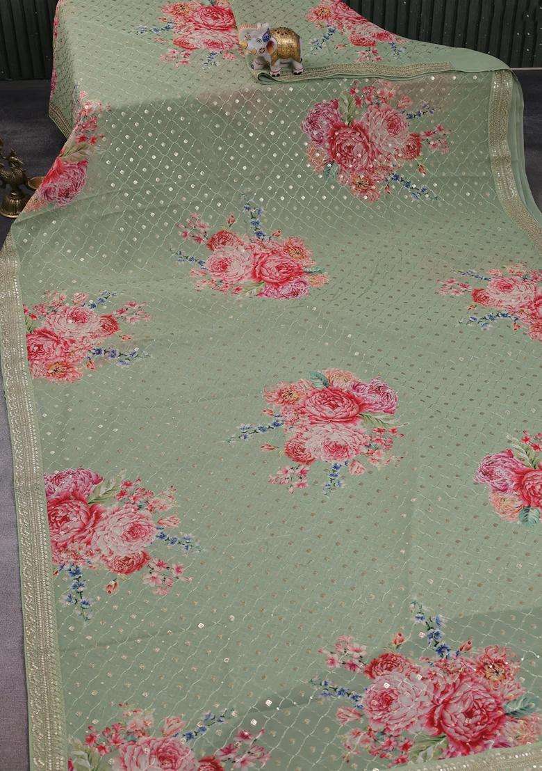 Georgette Saree Pastel Green With Allover Sequin Work Floral Digital Prints And Sequin Work Border With Embroidered Design For Women - Indya
