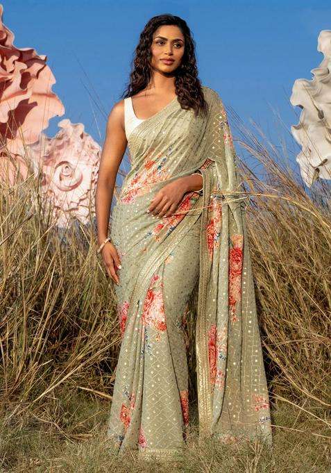 Georgette Saree Pastel Green With Allover Sequin Work Floral Digital Prints And Sequin Work Border With Embroidered Design For Women