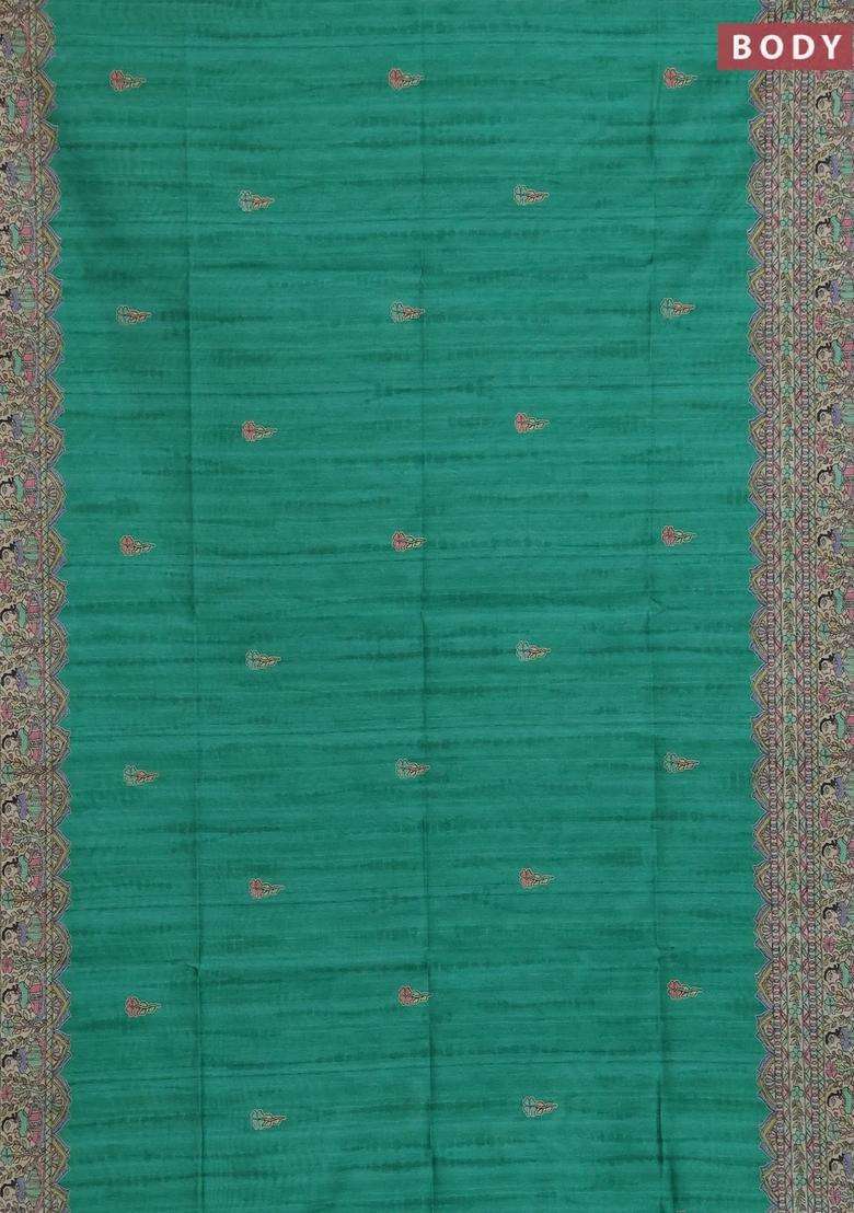 Semi Tussar Saree Green And Beige With Butta Prints And Madhubani Printed Pallu Border For Women - Indya