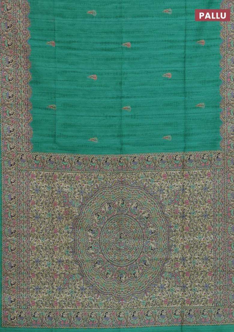 Semi Tussar Saree Green And Beige With Butta Prints And Madhubani Printed Pallu Border For Women - Indya