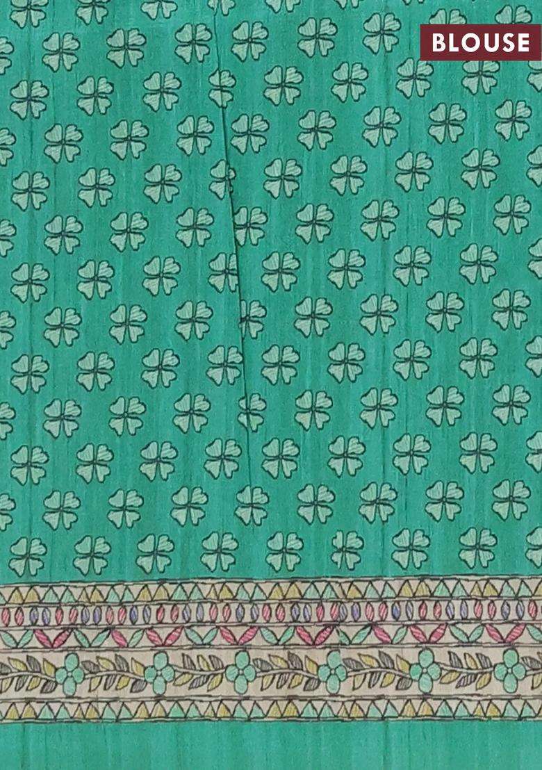 Semi Tussar Saree Green And Beige With Butta Prints And Madhubani Printed Pallu Border For Women - Indya
