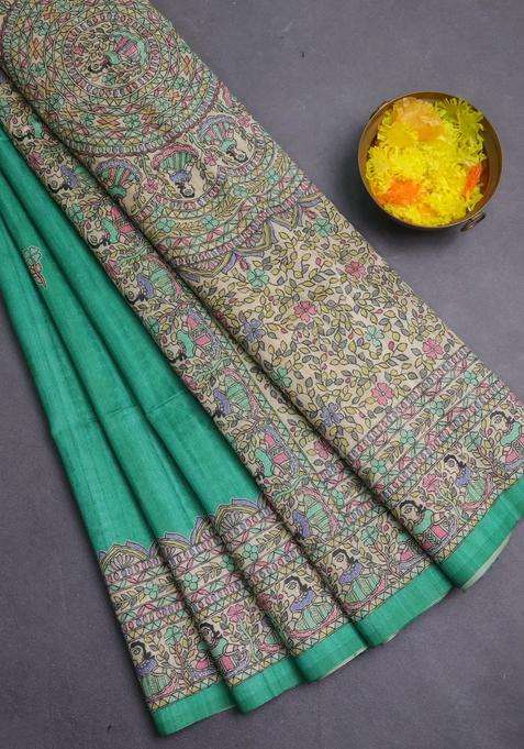 Semi Tussar Saree Green And Beige With Butta Prints And Madhubani Printed Pallu Border For Women
