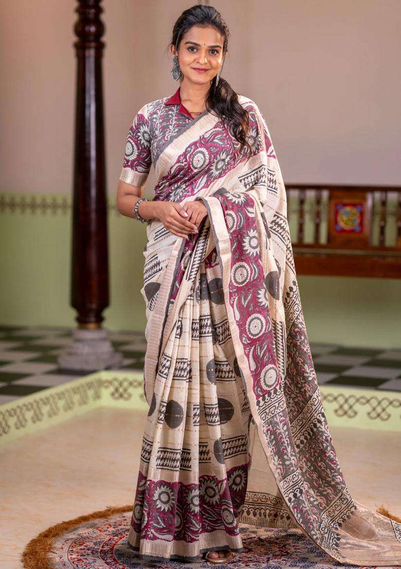 Semi Chanderi Silk Cotton Saree Cream And Wine Shade With Allover Zari Weaves Geometric Block Prints And Long Printed Border For Women - Indya