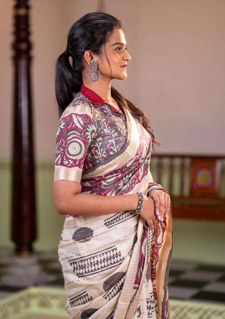 Semi Chanderi Silk Cotton Saree Cream And Wine Shade With Allover Zari Weaves Geometric Block Prints And Long Printed Border For Women - Indya