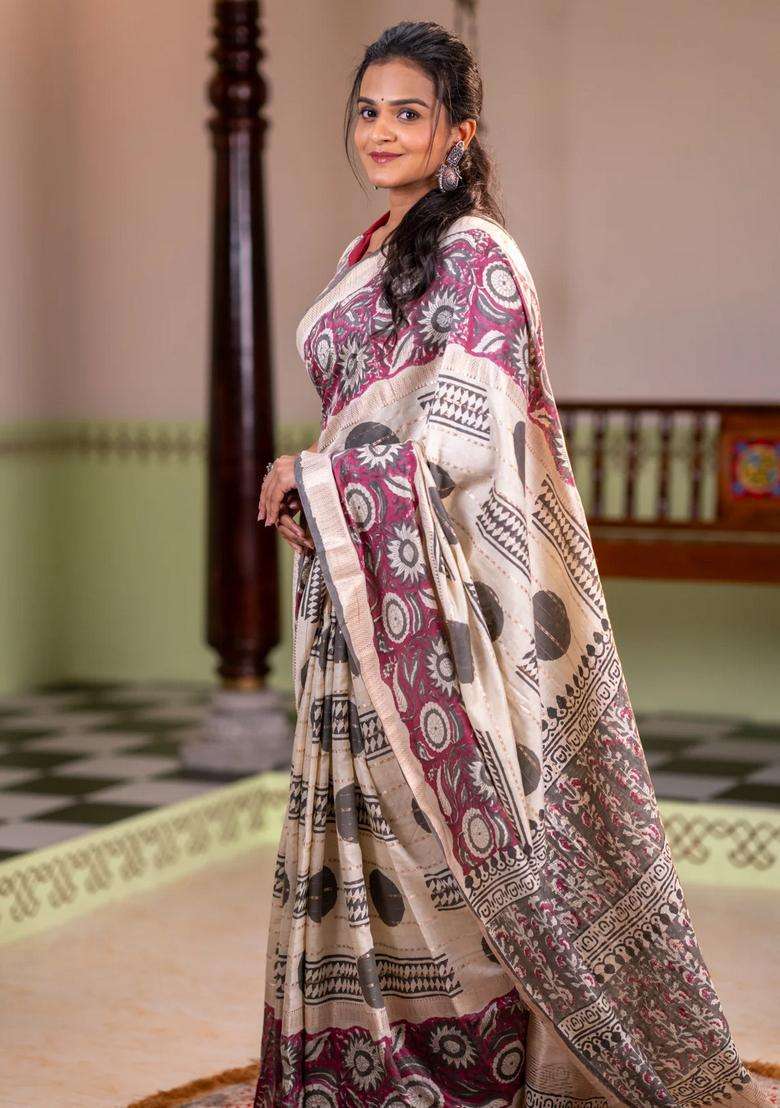 Semi Chanderi Silk Cotton Saree Cream And Wine Shade With Allover Zari Weaves Geometric Block Prints And Long Printed Border For Women - Indya