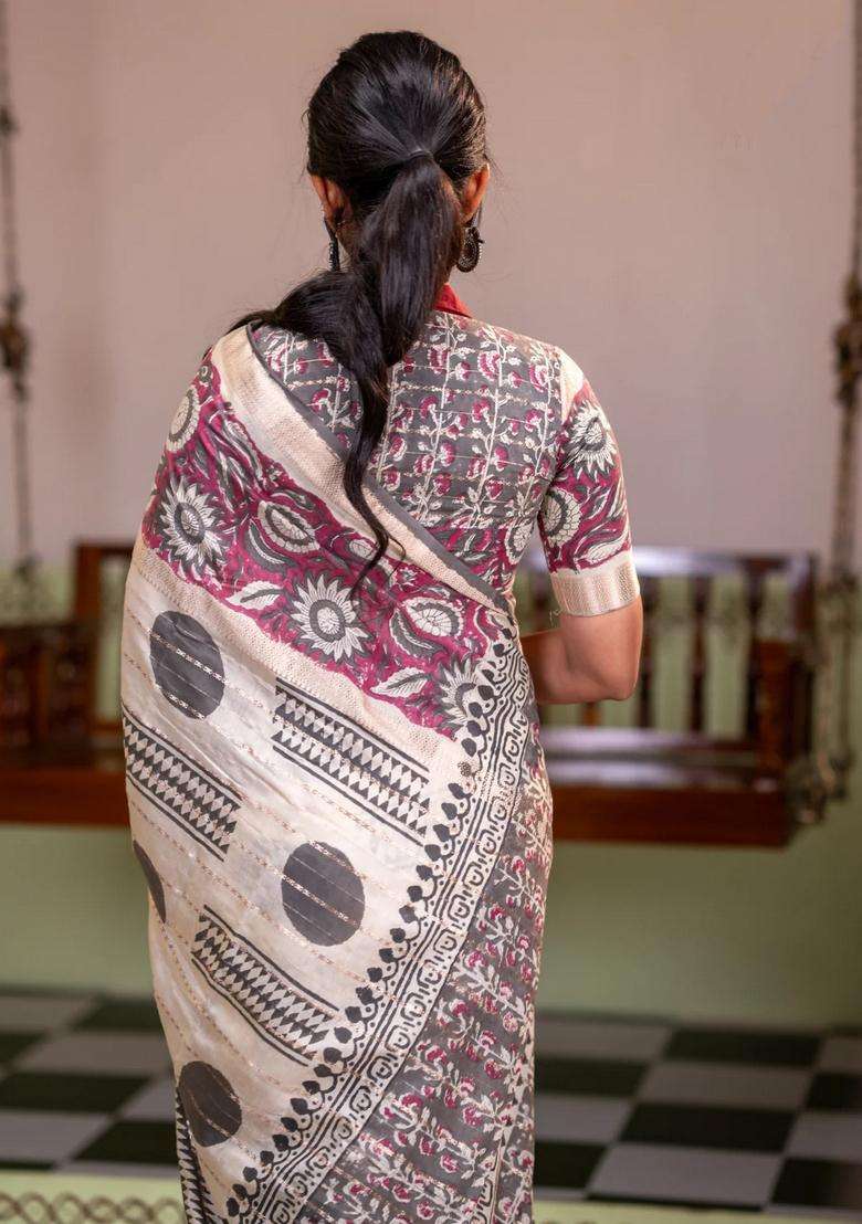 Semi Chanderi Silk Cotton Saree Cream And Wine Shade With Allover Zari Weaves Geometric Block Prints And Long Printed Border For Women - Indya
