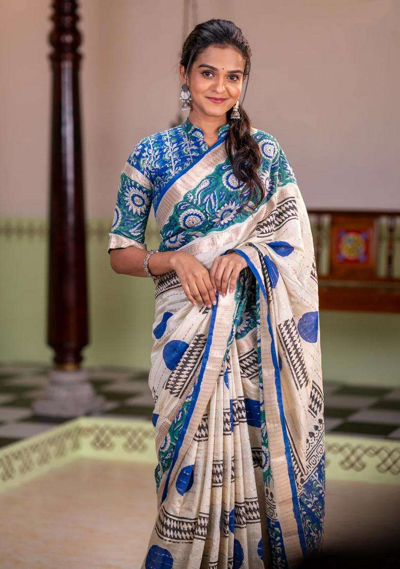 Semi Chanderi Silk Cotton Saree Cream And Green With Allover Zari Weaves Geometric Block Prints And Long Printed Border For Women - Indya