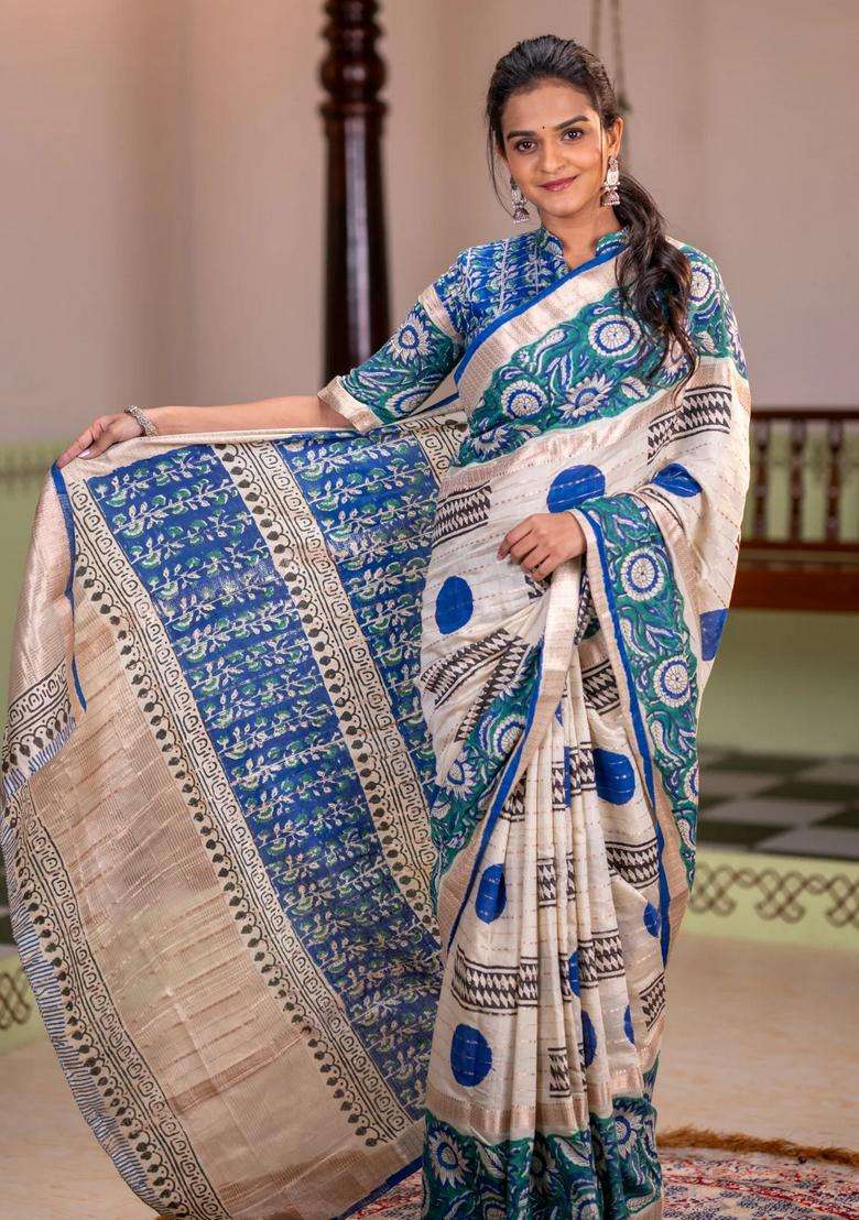 Semi Chanderi Silk Cotton Saree Cream And Green With Allover Zari Weaves Geometric Block Prints And Long Printed Border For Women - Indya