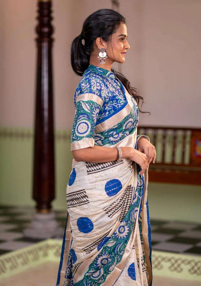 Semi Chanderi Silk Cotton Saree Cream And Green With Allover Zari Weaves Geometric Block Prints And Long Printed Border For Women - Indya